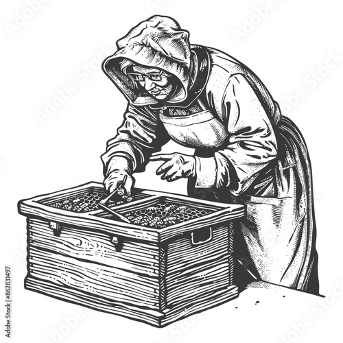 Medieval Nun Gardening: Woodcut Style, Planting Seeds, Hooded Figure, Detailed Illustration