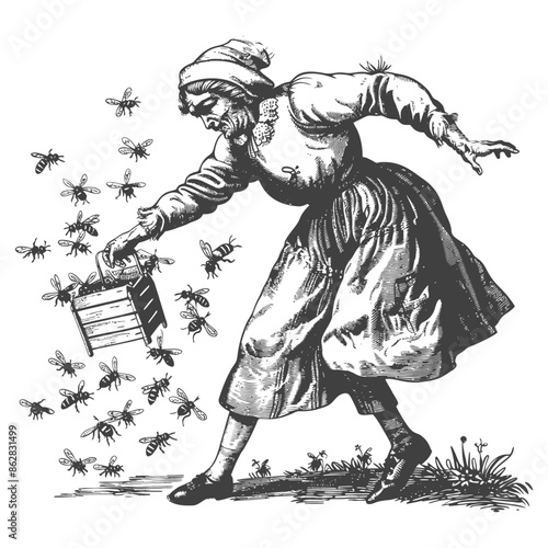 Woman with Beehive, Surrounded by Swarm, Vintage Illustration.