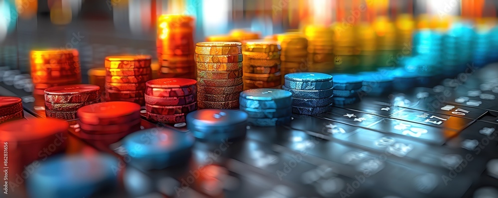 Close-up view of multicolored gaming chips on a casino table, showcasing a vibrant and dynamic gambling atmosphere, perfect for gaming themes. Close-up view of multicolored gaming chips on a casino table, showcasing a vibrant and dynamic gambling atmosphere, perfect for gaming themes.