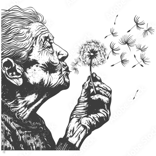 Line Art: Elderly Woman Blowing Dandelion Seeds, Hopeful Wish