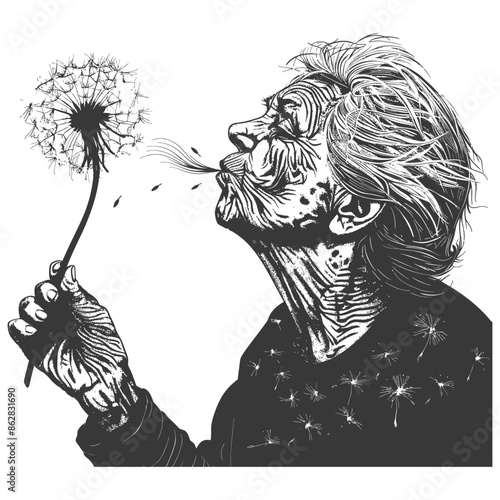 Etched Elder: Blowing Dandelion Seeds, Vintage Style Hope, Wish, Memory.