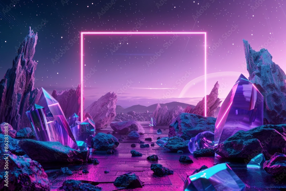 An ambient image featuring a bright neon square intertwined with jagged rock features under a night sky full of stars An ambient image featuring a bright neon square intertwined with jagged rock features under a night sky full of stars