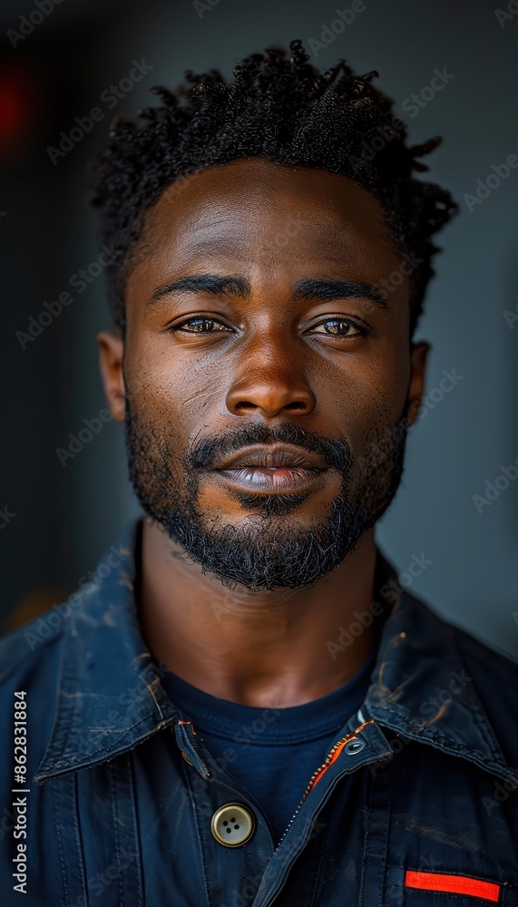 Portrait of a confident man with short curly hair and beard, wearing a denim jacket, standing against a blurred background.