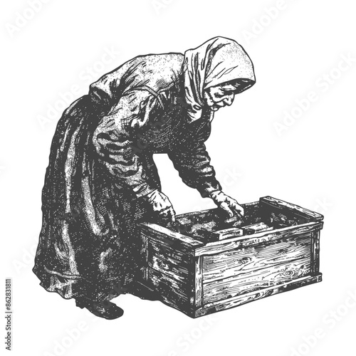 Old Woman Sorting, Woodcut Style, Rustic Box, Hooded Figure.