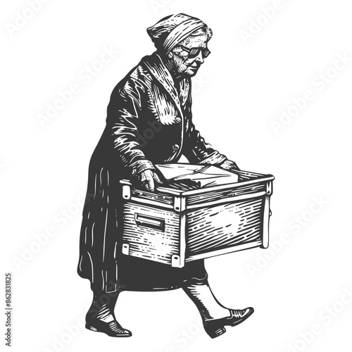 Engraved Elderly Woman Carrying Heavy Wooden Box, Vintage Style Illustration