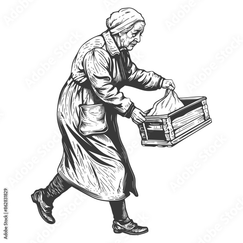 Engraved Elderly Woman Carrying a Wooden Crate Filled with Cloth, Vintage Illustration Style.