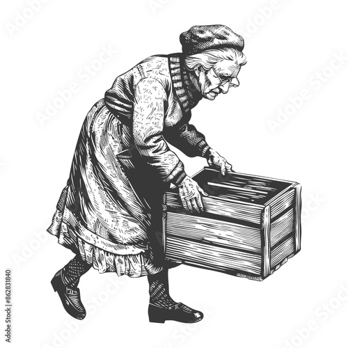 Woodcut Old Woman Burden: Stooped Figure Carrying Crate