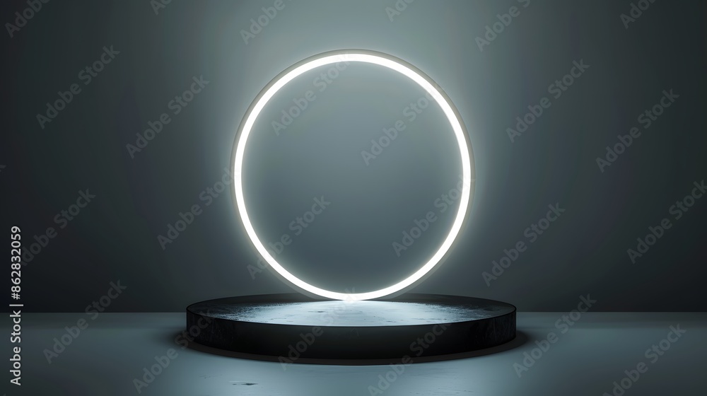 Technology items display stand, circular display stand with a white halo of light behind it Technology items display stand, circular display stand with a white halo of light behind it