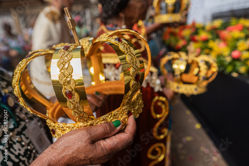 Congado or Congada in Minas Gerais State in Brazil, a famous expression of Brazilian and african culture and religiosity with dancers, kings, queens, catholic saints, drums and crowns. photo