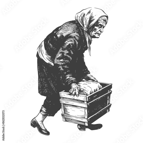 Elderly Woman Carrying Heavy Crate, Detailed Engraving, Labor, Struggle.