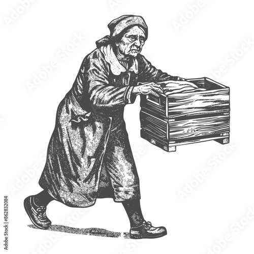 Woodcut: Weary Woman Carrying Heavy Crate, Vintage Depiction