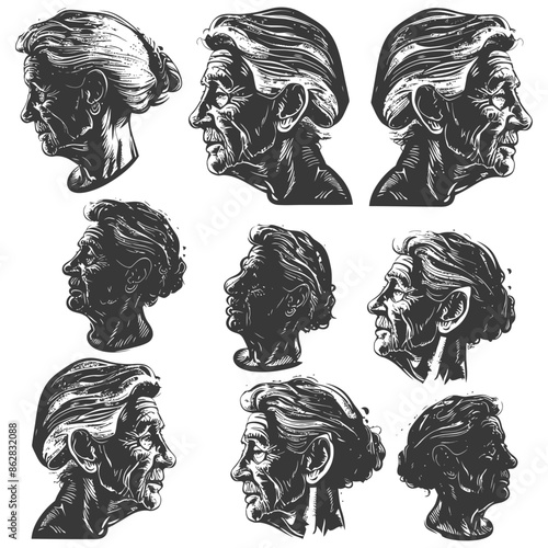 Elderly Woman's Profile: Hand-Drawn Portrait Study, Monochrome.