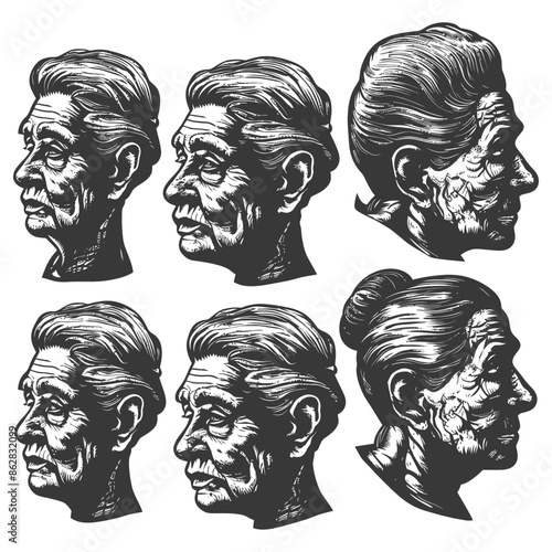 Engraved Portraits: Elderly Man and Woman, Varied Profiles, Detailed Wrinkles, Vintage Style.