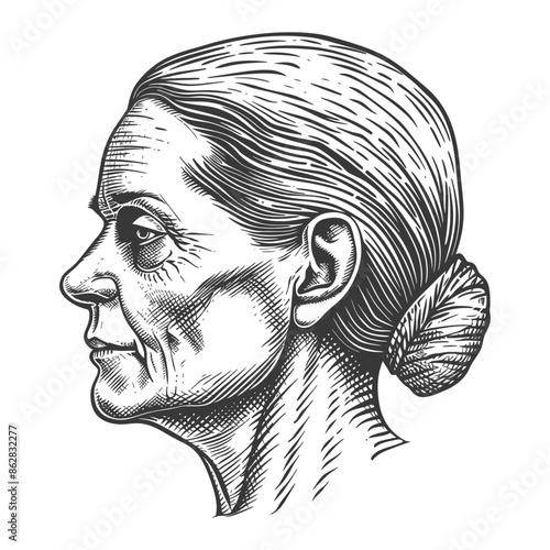 Etched Wisdom: Serene Profile of an Elderly Woman, Engraving Style.
