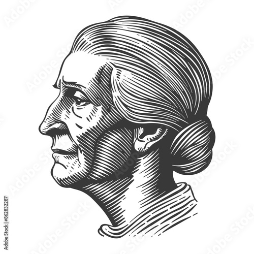 Etched Portrait: Elderly Woman with Updo, Side Profile in Vintage Style.