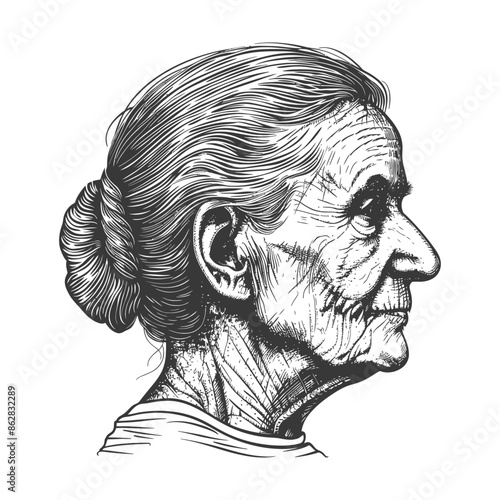 Elderly Woman Profile: Crosshatch Illustration of Age and Wisdom