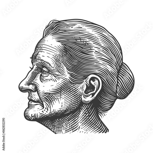 Engraved Profile: Elderly Woman with Hair Bun, Detailed Hatching.