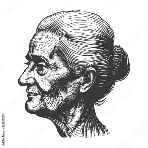 Engraved Portrait: Elderly Woman Profile with Hair Bun, Detailed Wrinkles.