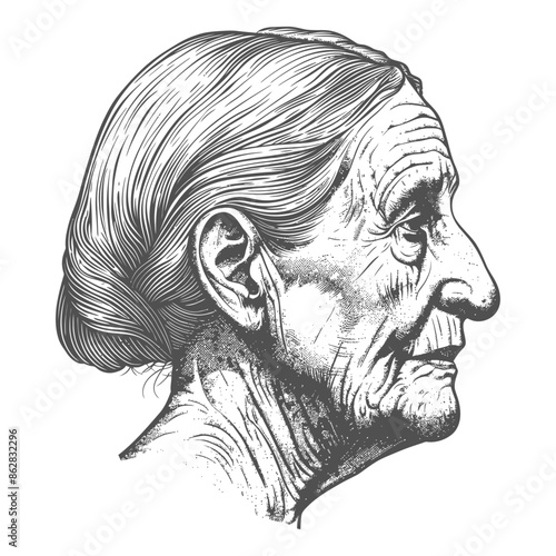 Etched Wisdom: Elderly Woman's Profile, Detailed Engraving Style.
