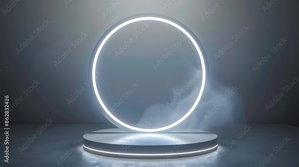 Technology items display stand, circular display stand with a white halo of light behind it Technology items display stand, circular display stand with a white halo of light behind it