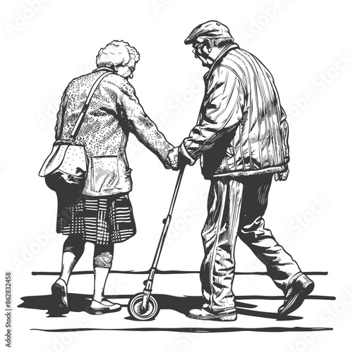 Ink Sketch: Elderly Couple Holding Hands, Scooter Support, Crosswalk Walk, Love and Assistance.