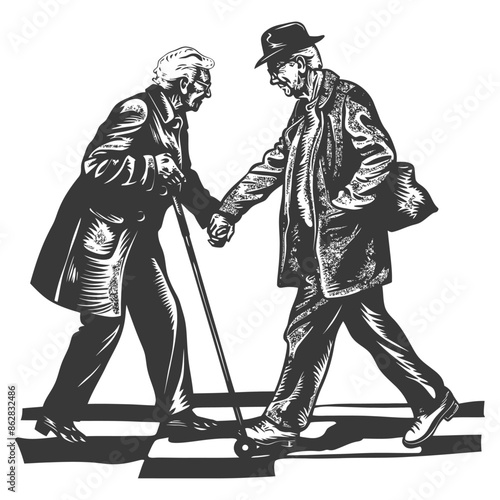 Woodcut: Elderly men crossing street, holding hands, cane, bowler hat, textured.