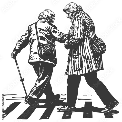 Elderly Women Crossing: Woodcut Illustration of Support, Friendship, and Urban Mobility.