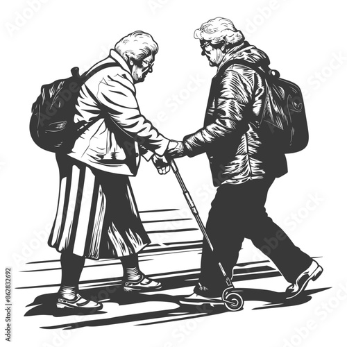Elderly Women Helping Each Other Cross Street, Backpacks, Stylized Vector Illustration