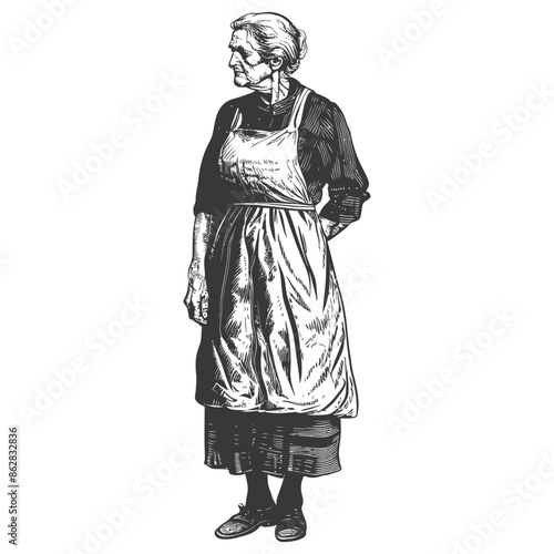 Vintage Engraving: Elderly Woman in Apron, Hands Behind Back, Stern Profile.