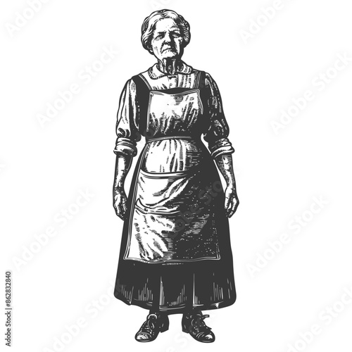 Etched Old Woman: Aproned and Gloved, Vintage Illustration.
