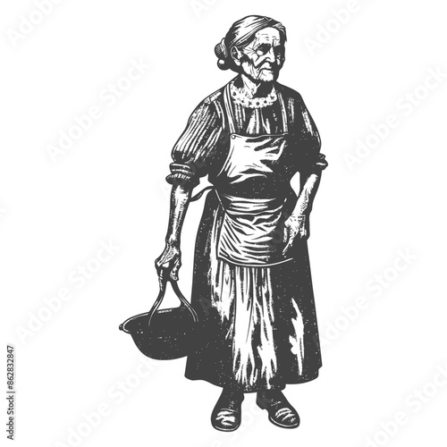 Etched Elderly Woman: Apron, Bucket, Vintage Illustration.