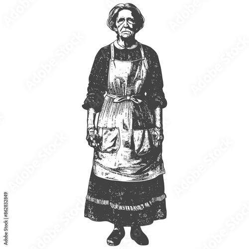 Etched Old Woman: Aproned Figure, Vintage Kitchen Attire, Engraved Portrait.