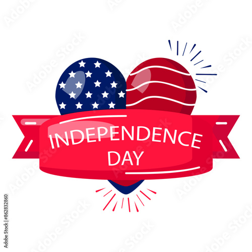 4th of July American Ribbon Banner decorated with balloons concept,  legal separation of America badge vector color icon design, US symbol, USA federal holiday sign, Memorial Patriot Day illustration