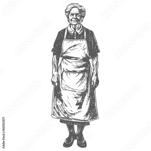Engraved Portrait: Elderly Woman in Apron & Bonnet, Vintage Style Illustration