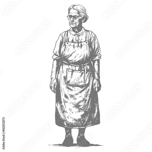 Sketch of Older Woman in Apron, Glasses, and Bun.