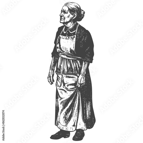 Vintage Etching of Elderly Woman in Apron, Looking Away.