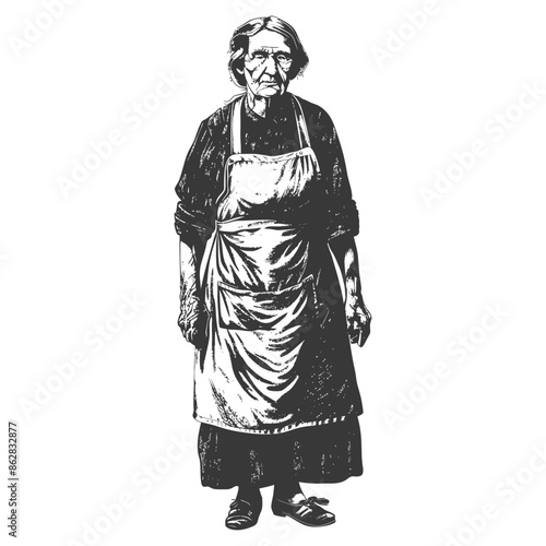 Engraving of Elderly Woman in Apron, Full Length, Vintage Style Illustration.