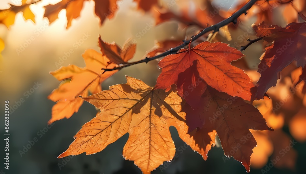 Photorealistic close-up shot of autumn leaves at dawn, macro shot in soft morning light, Art. Generative AI, Generative, AI Photorealistic close-up shot of autumn leaves at dawn, macro shot in soft morning light, Art. Generative AI, Generative, AI