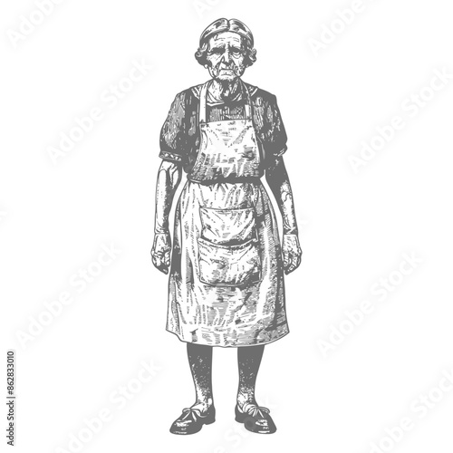 Antique Illustration: Elderly Woman in Apron, Detailed Engraving Style.