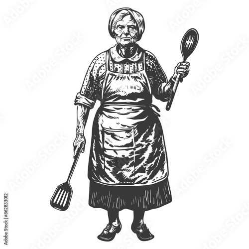 Stern Grandmother: Engraved Portrait with Kitchen Utensils