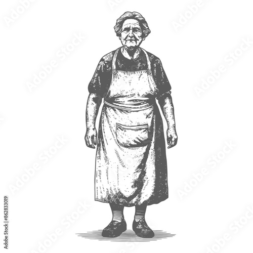 Etched Elderly Woman: Aproned Figure, Full Body Portrait in Gray Scale.