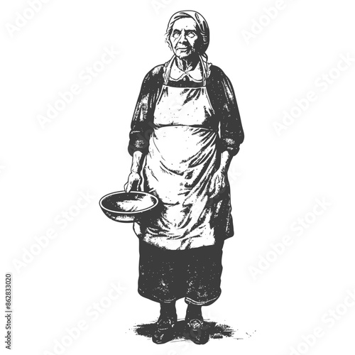 Etched Granny: Aproned Figure Holding Pan, Vintage Cook Art, Antique Black and White Illustration