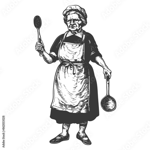 Grandma's Kitchen: Engraved Woman with Spoon and Ladle, Ready to Cook.