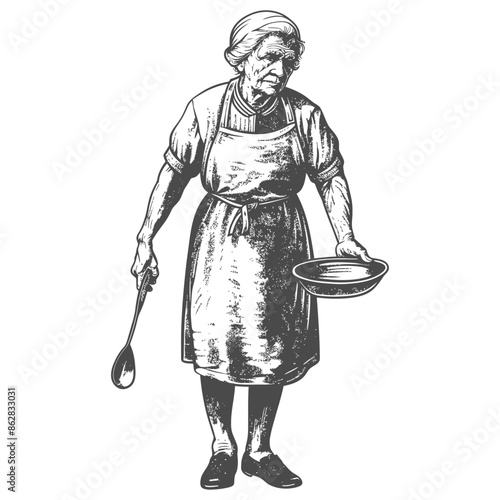 Etched Grandma: Apron, Ladle, and Plate - Vintage Kitchen Illustration.