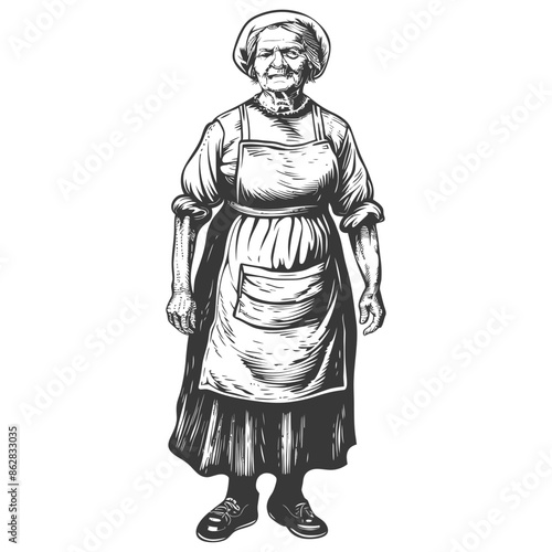 Engraved Portrait: Elderly Woman in Apron and Bonnet, Standing Tall
