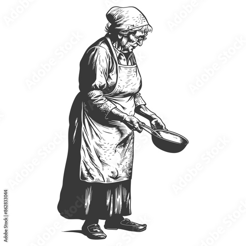 Etched Grandmother: Frying Pan, Apron, Hand-Drawn Old Woman Cooking Illustration.