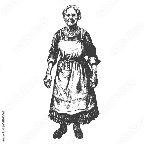 Vintage Engraving: Full-Figure Elderly Woman in Apron and Bonnet.