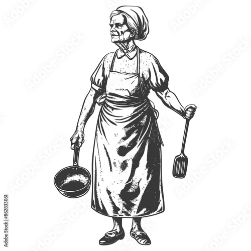 Stern Matriarch: Old Woman with Pan and Spatula, Engraved Kitchen Portrait
