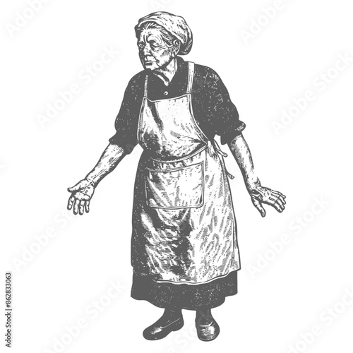 Etched Old Woman in Apron: Disapproval or Bewilderment, Illustration Style.