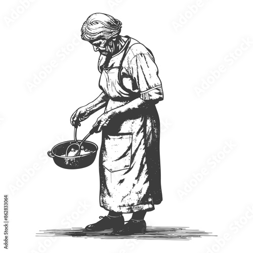 Vintage Engraving: Elderly Woman Frying Food, Apron, Focused, Cooking, Hand-Drawn Illustration.